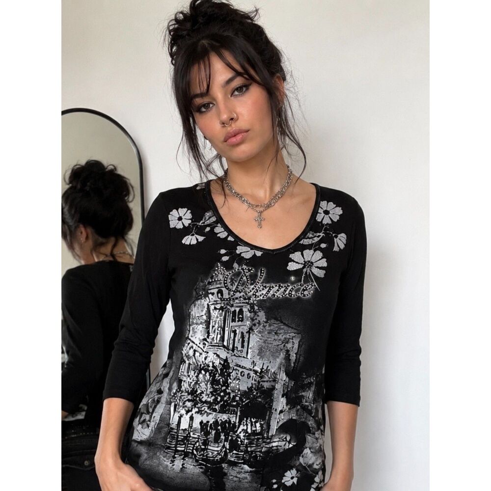 Vintage Y2K Venice Rhinestone 2000s Cityscape Italy Grunge Alt 3/4 Sleeve Tee